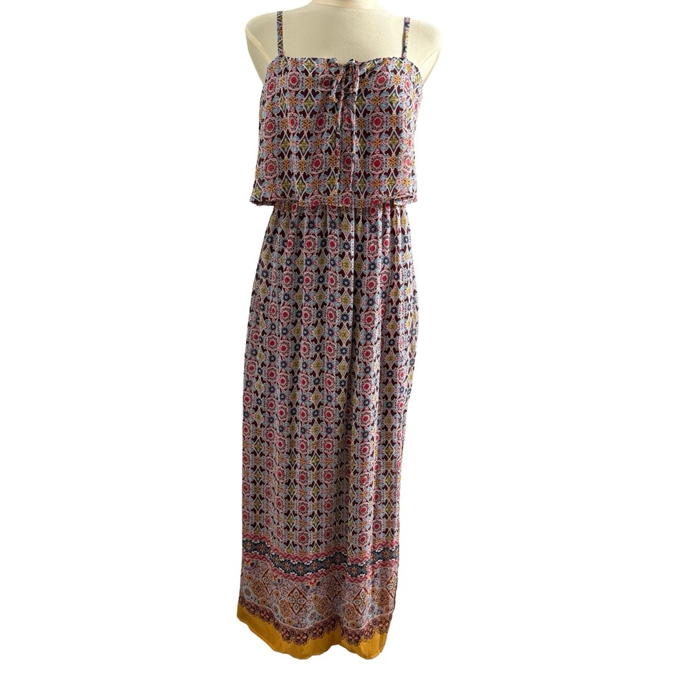 As You Wish Boho Festival Maxi Dress L Multicolor Print Spaghetti Straps